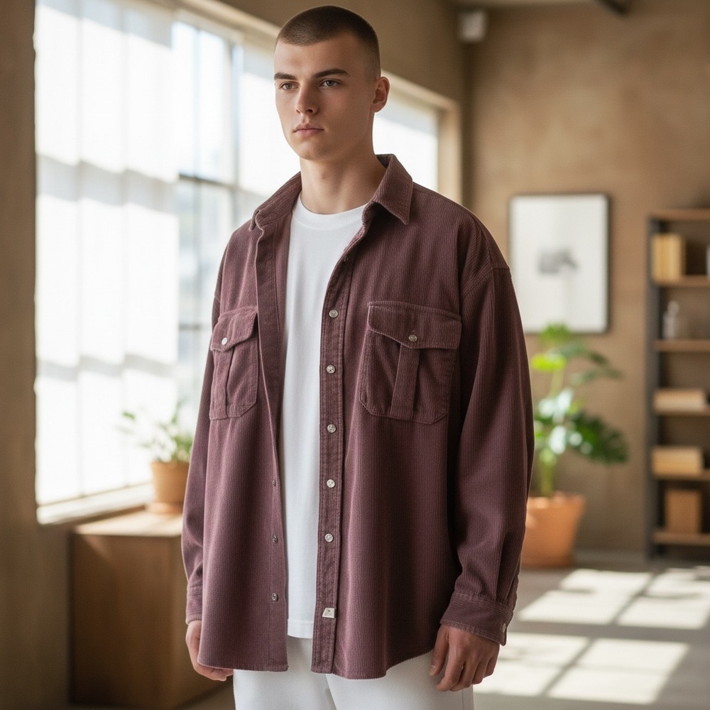 Polo Ralph Lauren Classic Fit Suede-Patch Corduroy Burgundy Button-Up Shirt